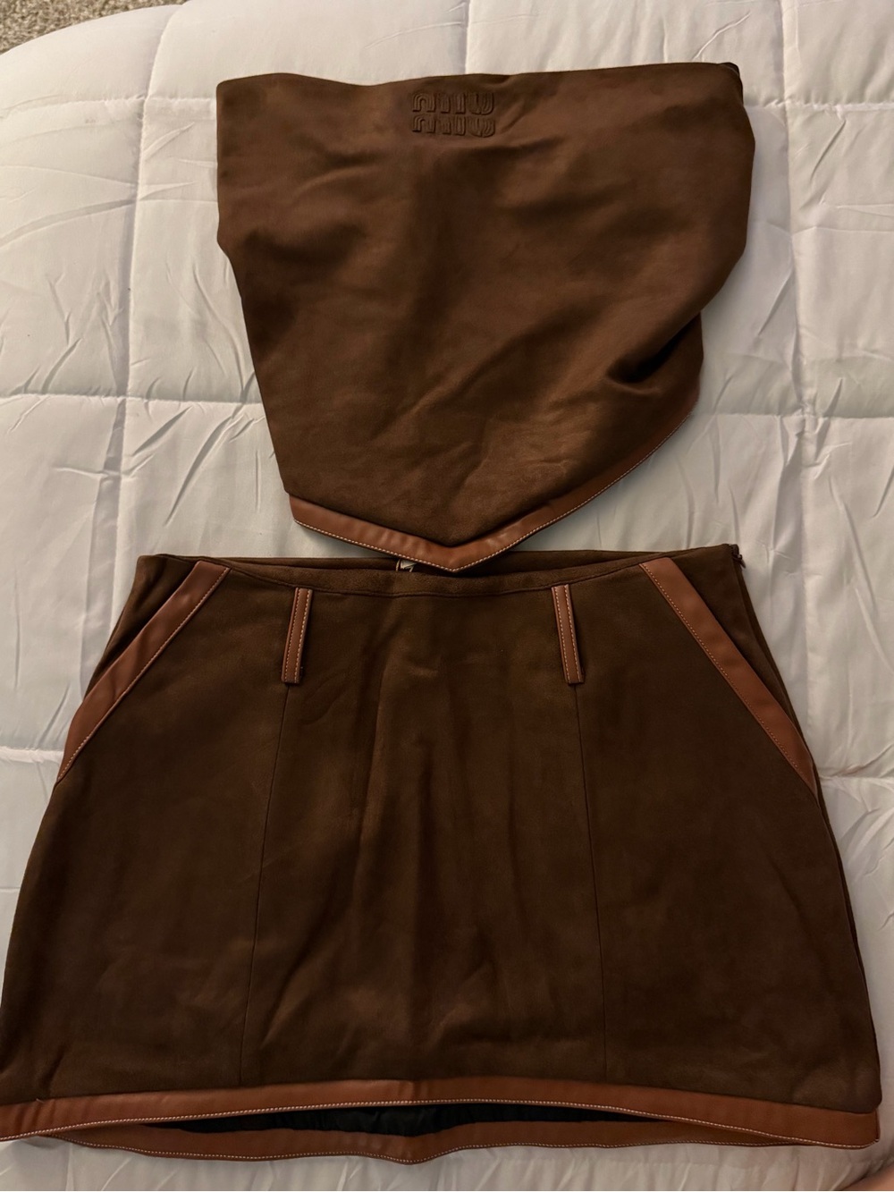 Miu Miu Brown Suede Mini Skirt Set with Contrast Trim